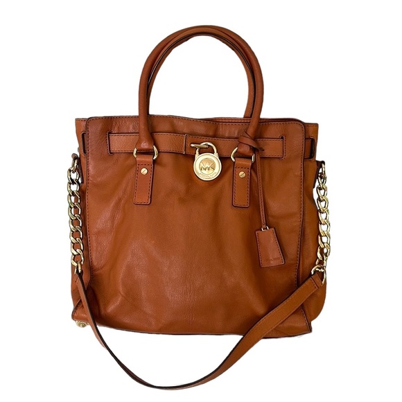 Michael Kors Hamilton Brown Tan Leather Gold Chain Strap Tote Shoulder Bag - Picture 4 of 15